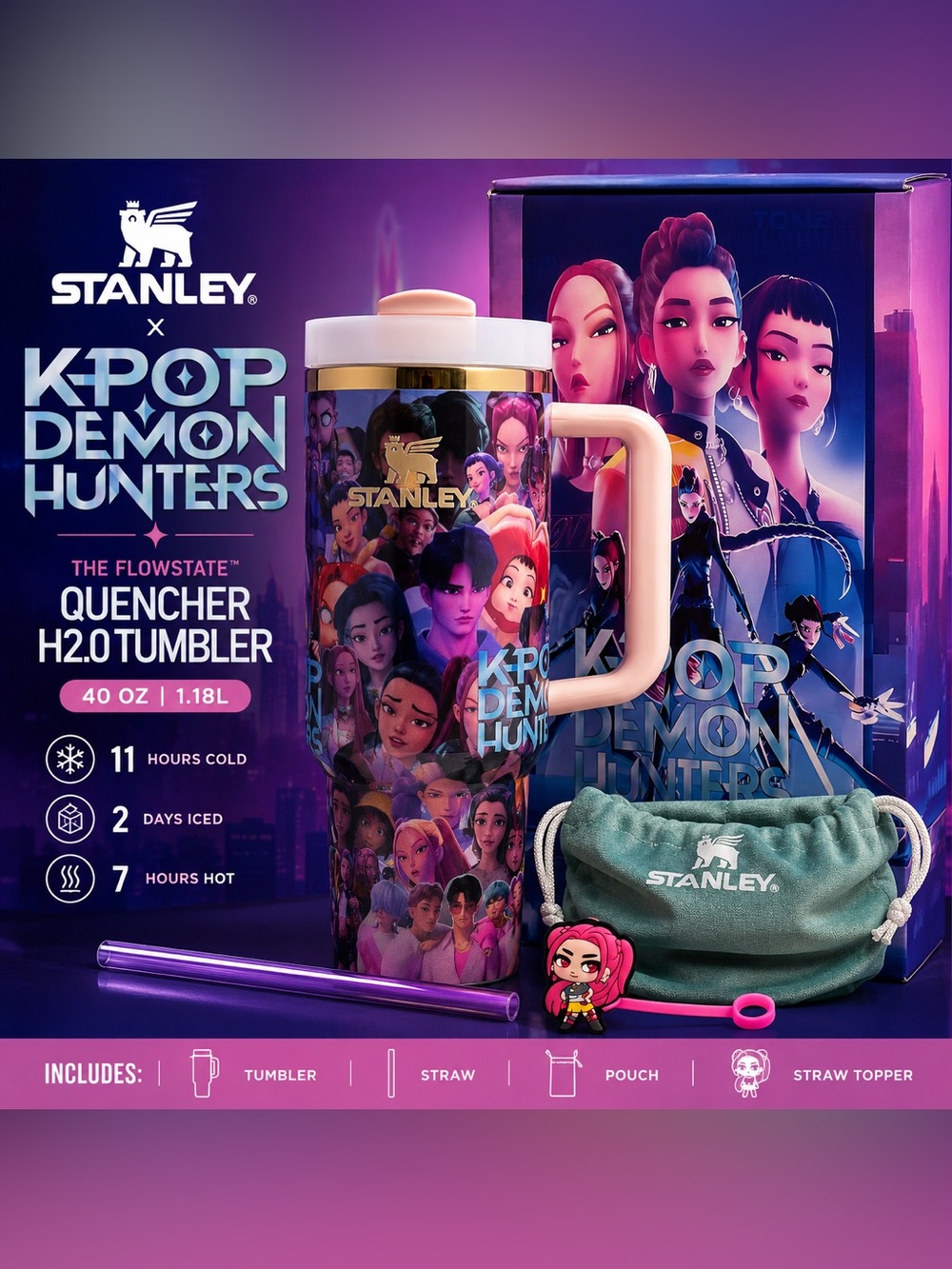 Customized Stanley x K-Pop Demon Hunters 40oz Quencher H2.0 Tumbler Cup purple
